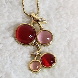 Gold toned with a Red and Pink Cabochons Cherry Pendant Necklace